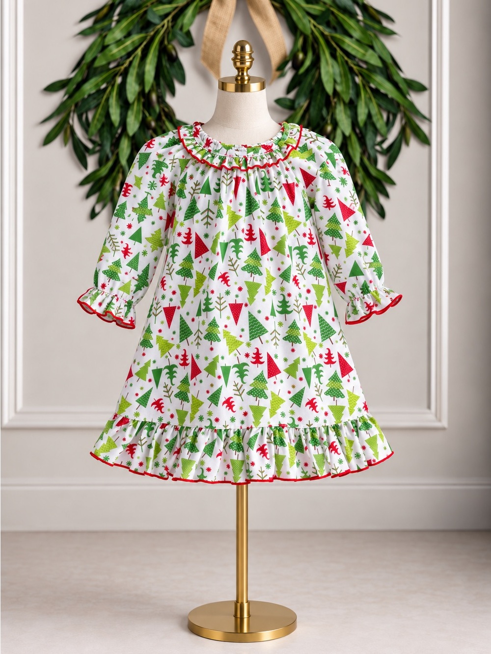 Sweet Dreams Christmas Tree Nightgown 6M Flame Resistant Holiday White Red Green